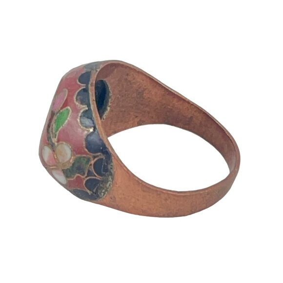 Vintage Cloisonné Ring Chinese Export Enamel Floral Design Copper Base Unique Ar - Picture 10 of 12